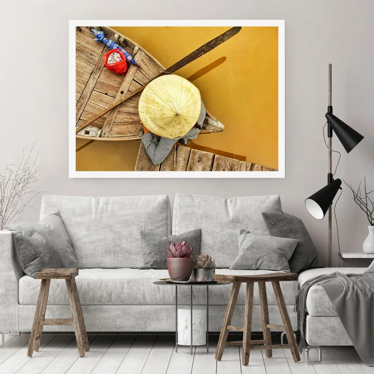 Póster - Un barco tradicional visto a vista de pájaro - 100x70cm - La vida en el río amarillo - Decoración de pared moderna para salón y dormitorio ARTTOR