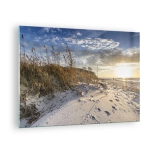 Cuadro sobre vidrio - Impresiones sobre Vidrio - Playa de arena al atardecer con hierbas junto a la duna - 70x50cm - Invitación a un paseo - Decoración de pared moderna para salón y dormitorio ARTTOR