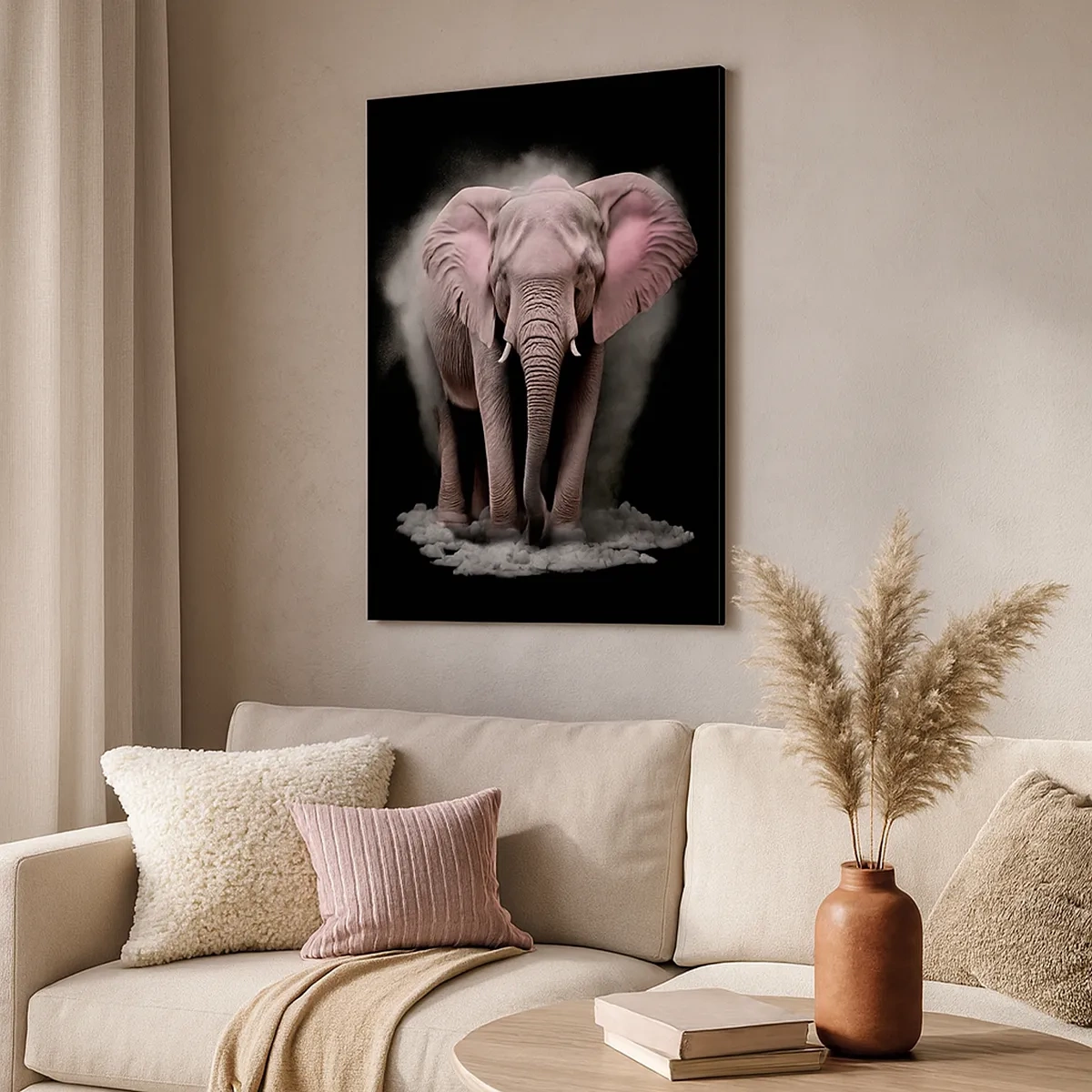 Cuadro sobre lienzo - Impresión de Imagen - Una interpretación artística de un elefante rosa sobre un fondo negro. - 50x70cm - El rey rosado de oriente - Decoración de pared moderna para salón y dormitorio ARTTOR