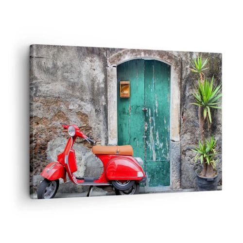 Cuadro sobre lienzo - Impresión de Imagen - Scooter rojo junto a la puerta verde - 70x50cm - Vacaciones en Italia - Decoración de pared moderna para salón y dormitorio ARTTOR