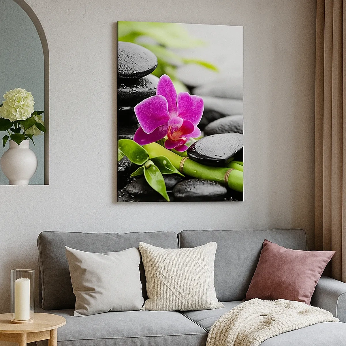 Cuadro sobre lienzo - Impresión de Imagen - Orquídea morada, piedras negras y bambú en una composición tranquila. - 50x70cm - En equilibrio pacífico - Decoración de pared moderna para salón y dormitorio ARTTOR