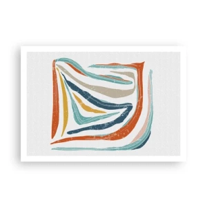 Póster - Líneas coloridas y dinámicas en tonos azul, naranja y beige. - 100x70cm - Abstracción sonriente y amistosa - Decoración de pared moderna para salón y dormitorio ARTTOR