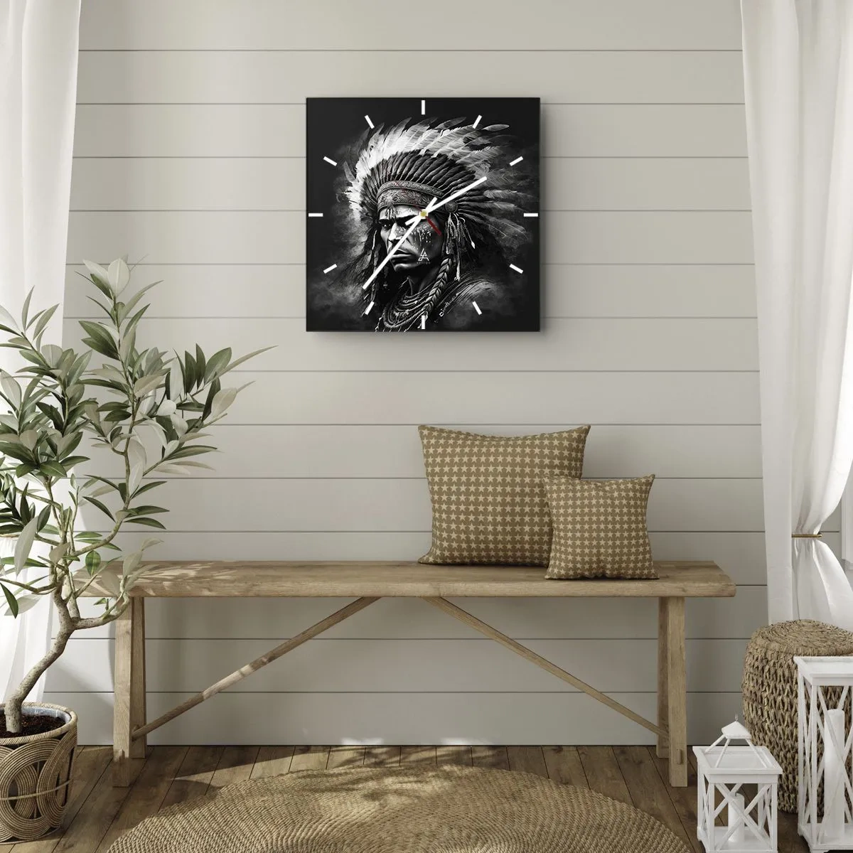 Reloj de pared - Reloj de vidrio - Retrato de un jefe con un tocado de plumas sobre un fondo negro - 30x30cm - Líder y guerrero - Decoración de pared moderna para salón y dormitorio ARTTOR
