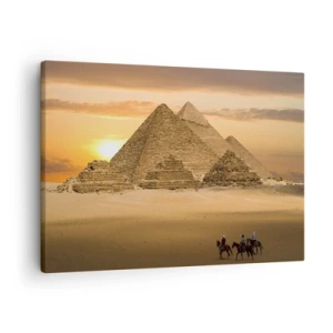 Cuadro sobre lienzo - Impresión de Imagen - Pirámides de Egipto al atardecer con jinetes a caballo - 70x50cm - Sin cambios desde hace miles de años - Decoración de pared moderna para salón y dormitorio ARTTOR