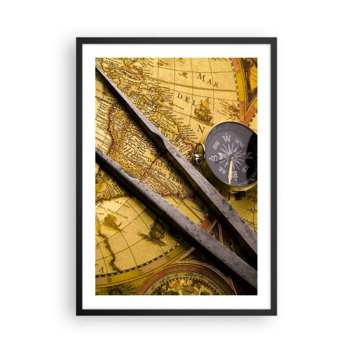 Póster en marco negro - Mapa antiguo con brújula y herramientas de navegación. - 50x70cm - ¿Dónde están los tesoros? - Decoración de pared moderna para salón y dormitorio ARTTOR