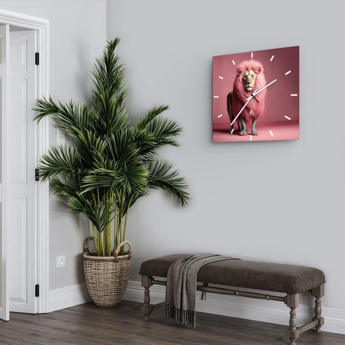 Reloj de pared - Reloj de vidrio - Un león artísticamente representado con una melena rosa sobre un fondo rosa. - 30x30cm - Y ya no me tienes miedo - Decoración de pared moderna para salón y dormitorio ARTTOR