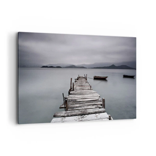 Cuadro sobre lienzo - Impresión de Imagen - Un puente de madera que conduce a la tranquila superficie del lago. - 120x80cm - Mañana partimos - Decoración de pared moderna para salón y dormitorio ARTTOR