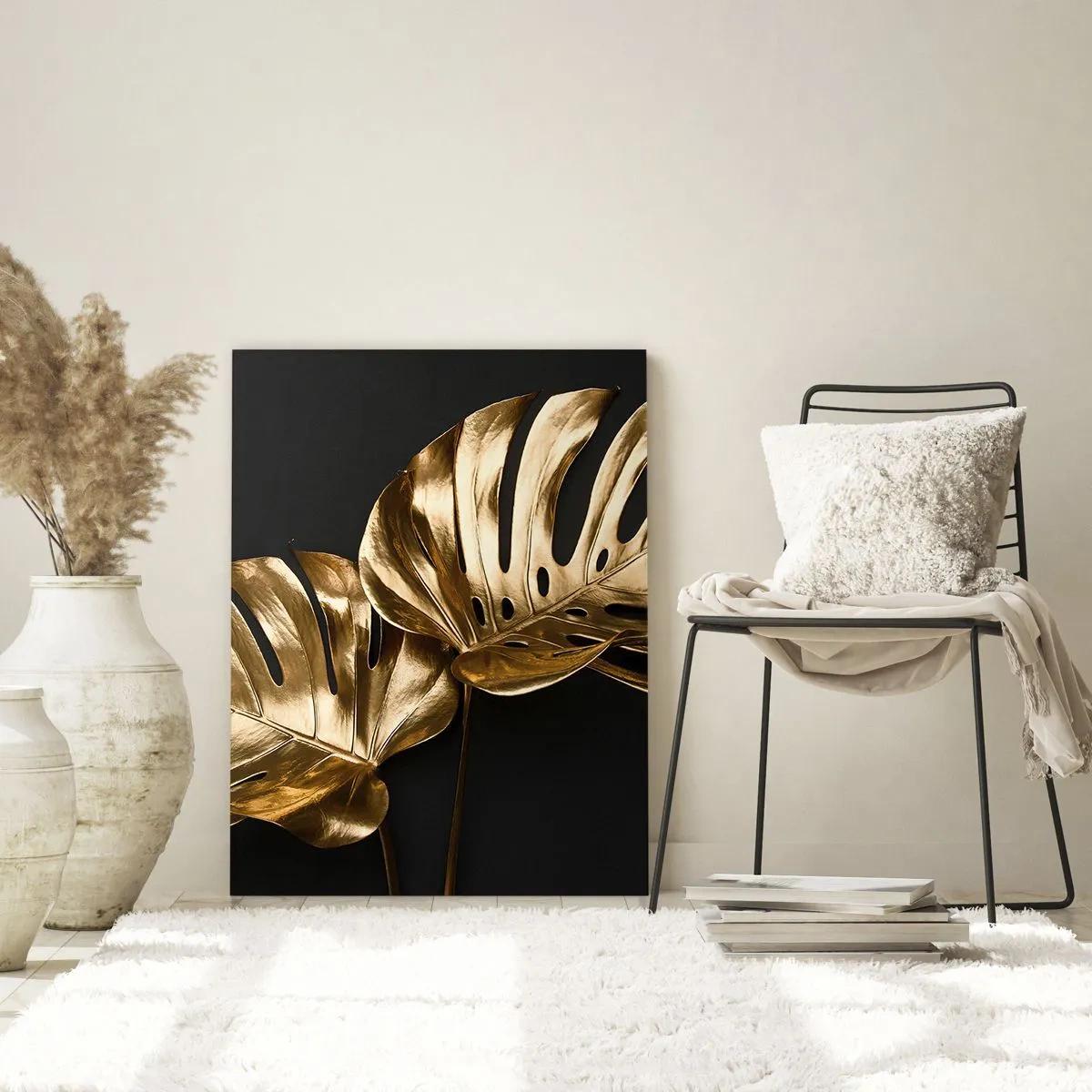 Cuadro sobre vidrio - Impresiones sobre Vidrio - Hojas de monstera doradas sobre fondo negro - 70x100cm - Tesoros de la naturaleza - Decoración de pared moderna para salón y dormitorio ARTTOR