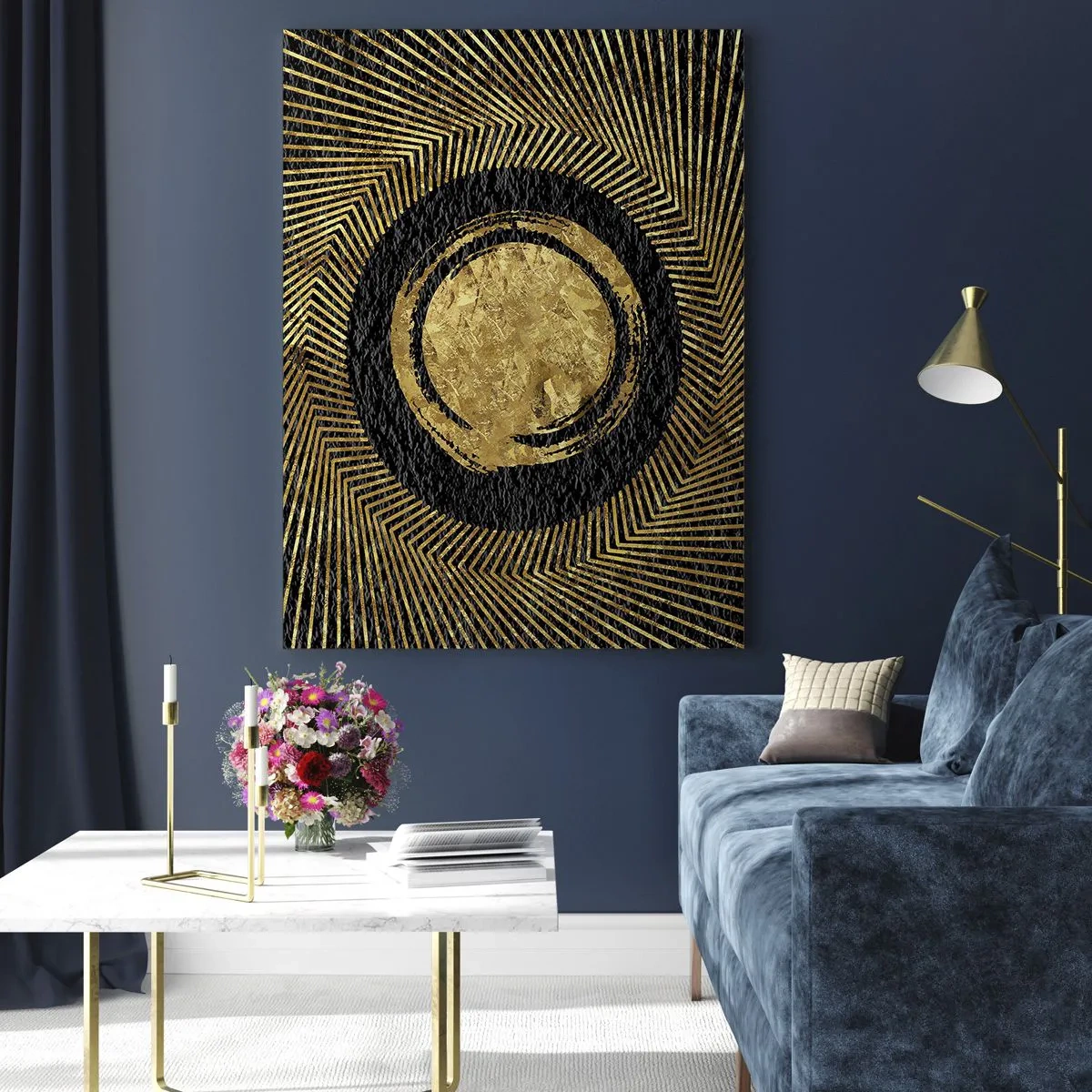 Cuadro sobre vidrio - Impresiones sobre Vidrio - Círculo dorado con rayos sobre fondo negro en un estilo glamoroso. - 50x70cm - Composición glamour - Decoración de pared moderna para salón y dormitorio ARTTOR