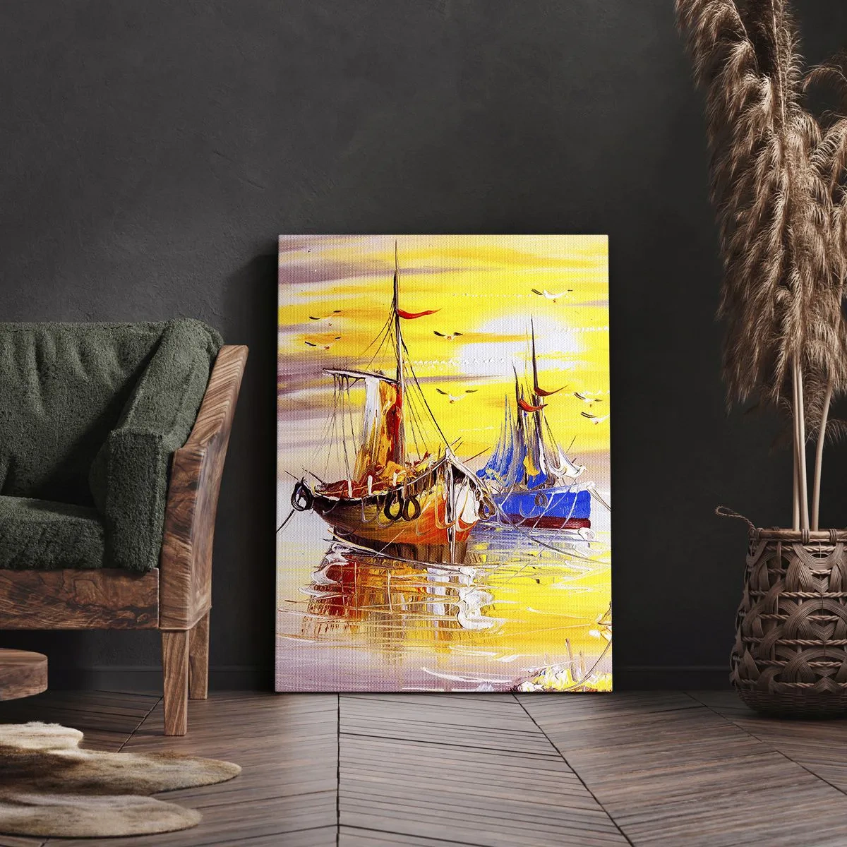 Cuadro sobre lienzo - Impresión de Imagen - Una escena pictórica de barcos en un mar en calma. - 70x100cm - Un merecido descanso en el puerto - Decoración de pared moderna para salón y dormitorio ARTTOR