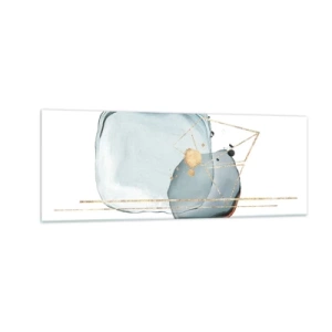 Cuadro sobre vidrio - Impresiones sobre Vidrio - Formas abstractas en tonos azules y dorados sobre un fondo blanco. - 140x50cm - Un estudio de gotas - Decoración de pared moderna para salón y dormitorio ARTTOR