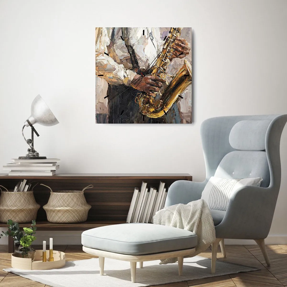 Reloj de pared - Reloj de vidrio - Un músico tocando el saxofón con un estilo artístico. - 30x30cm - Llegó el momento del solo - Decoración de pared moderna para salón y dormitorio ARTTOR