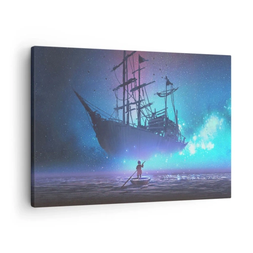 Cuadro sobre lienzo - Impresión de Imagen - Un barco fantástico contra el cielo estrellado. - 70x50cm - El encuentro con el mito del mar - Decoración de pared moderna para salón y dormitorio ARTTOR