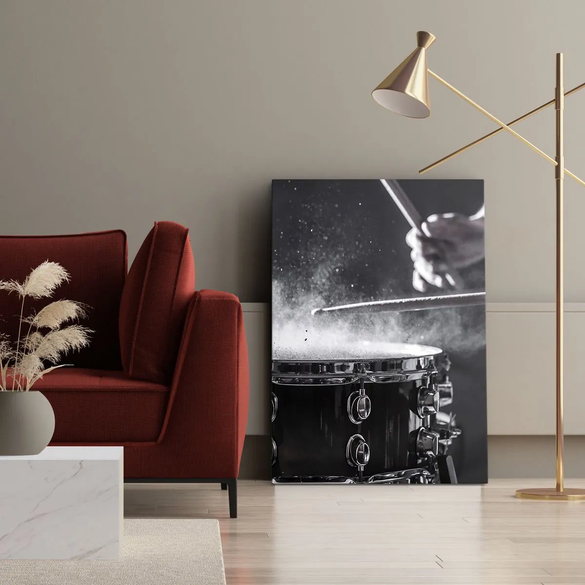 Cuadro sobre lienzo - Impresión de Imagen - Golpear el tambor con baquetas con efecto de polvo - 50x70cm - El pulso de la música - Decoración de pared moderna para salón y dormitorio ARTTOR