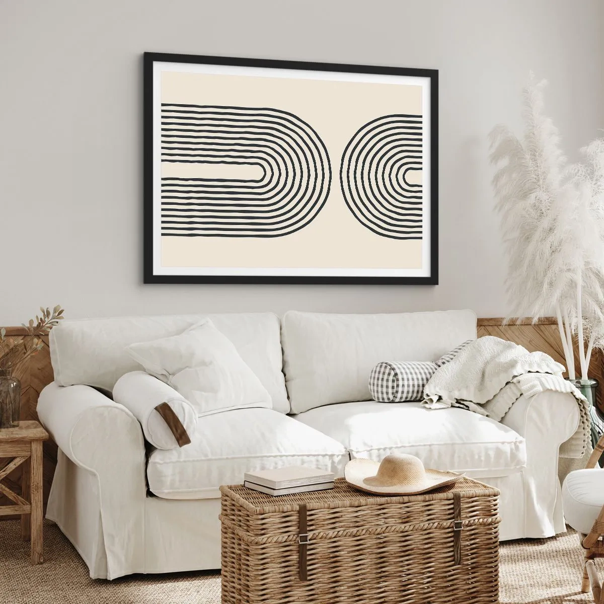 Póster en marco negro - Patrón geométrico abstracto con líneas simétricas sobre un fondo claro. - 70x50cm - Próximamente... - Decoración de pared moderna para salón y dormitorio ARTTOR