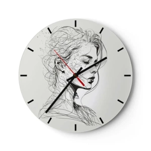Reloj de pared - Reloj de vidrio - Boceto en blanco y negro del rostro de una mujer pensativa. - 30x30cm - Retrato de ensueño - Decoración de pared moderna para salón, cocina y dormitorio ARTTOR