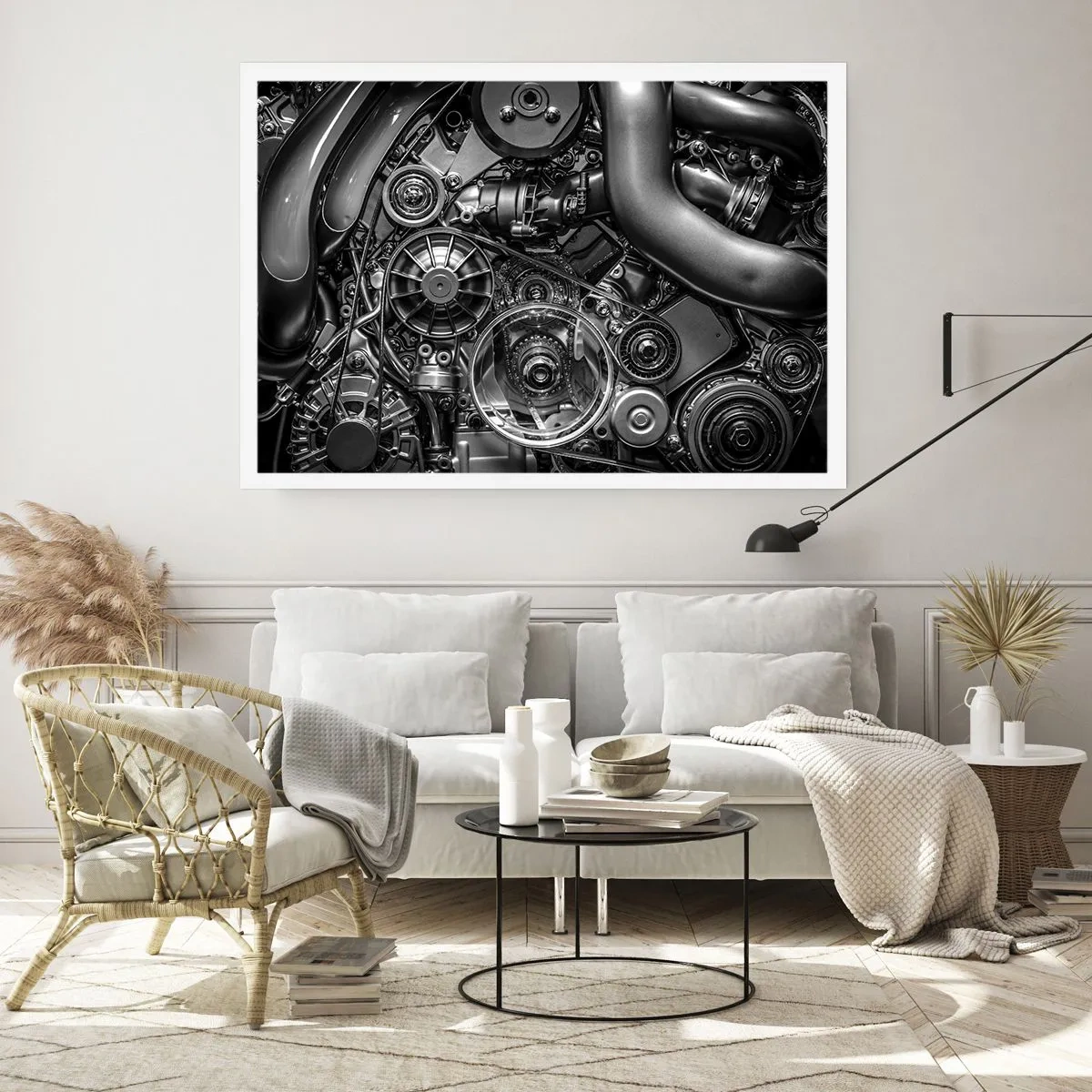 Póster - Primer plano en blanco y negro de los detalles mecánicos de un motor de automóvil. - 100x70cm - La poesía de la mecánica - Decoración de pared moderna para salón y dormitorio ARTTOR