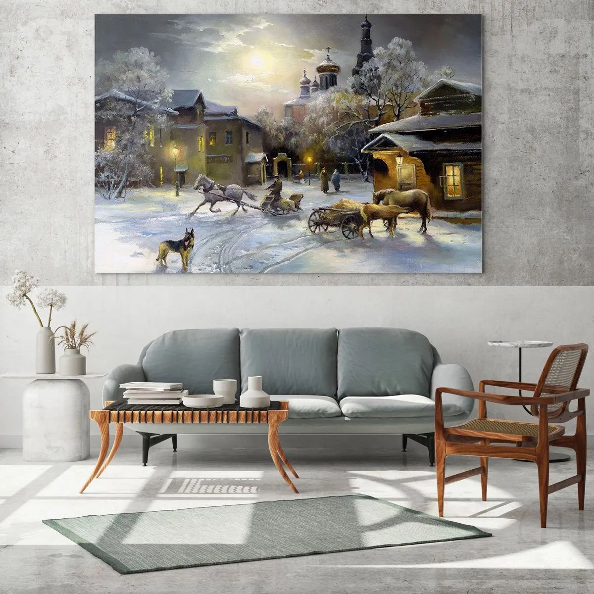 Cuadro sobre vidrio - Impresiones sobre Vidrio - Paisaje urbano invernal iluminado por la luz de la luna - 100x70cm - La magia de un invierno ruso - Decoración de pared moderna para salón y dormitorio ARTTOR