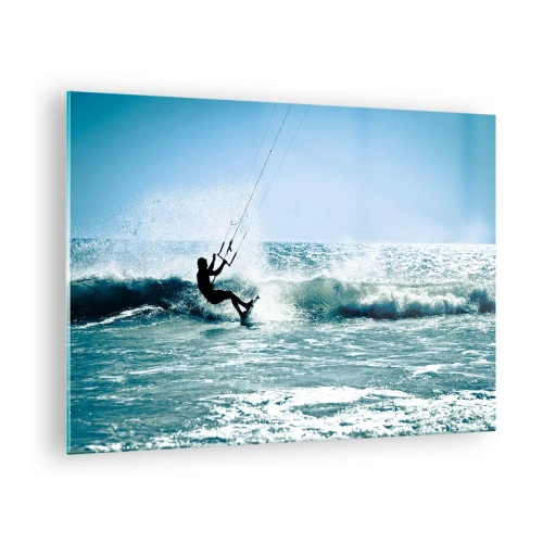 Cuadro sobre vidrio - Impresiones sobre Vidrio - Kitesurfista en las olas del océano en un día soleado - 70x50cm - Déjate llevar - Decoración de pared moderna para salón y dormitorio ARTTOR