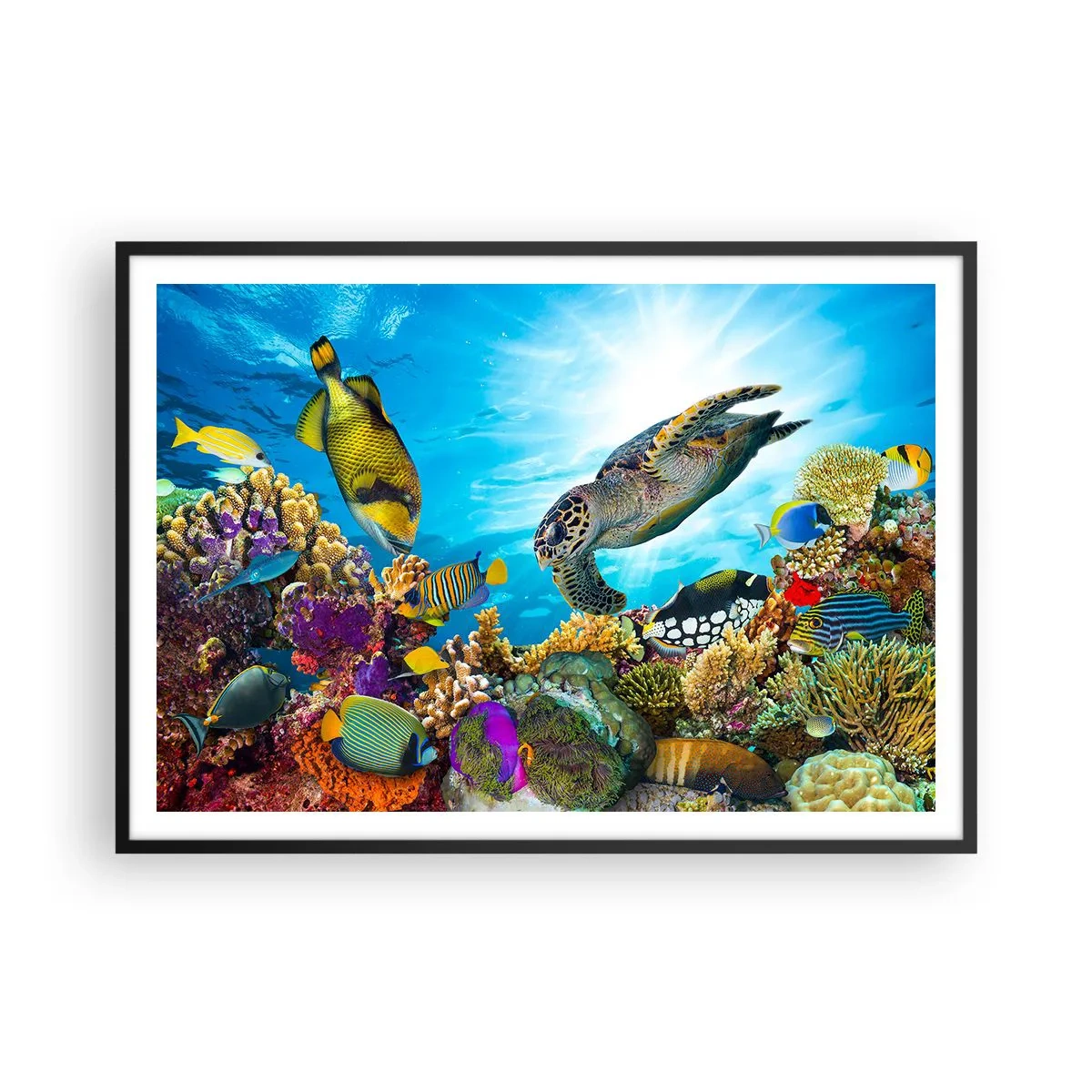 Póster en marco negro - Mundo submarino con peces de colores y una tortuga en el coral. - 100x70cm - Paseo del coral - Decoración de pared moderna para salón y dormitorio ARTTOR