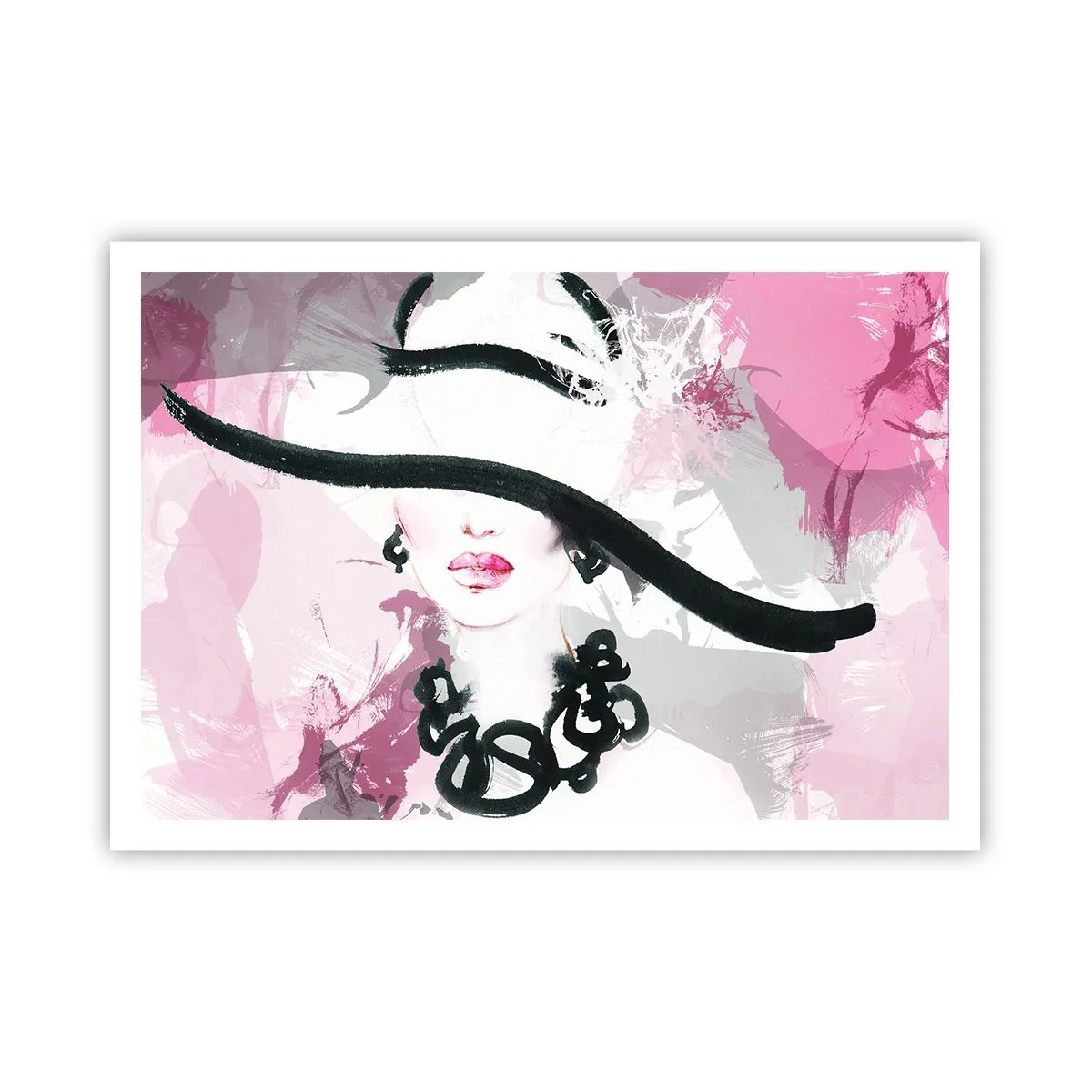 Póster - Una mujer elegante con sombrero sobre un fondo de abstracciones rosas. - 100x70cm - Retrato de una dama en negro y rosa - Decoración de pared moderna para salón y dormitorio ARTTOR