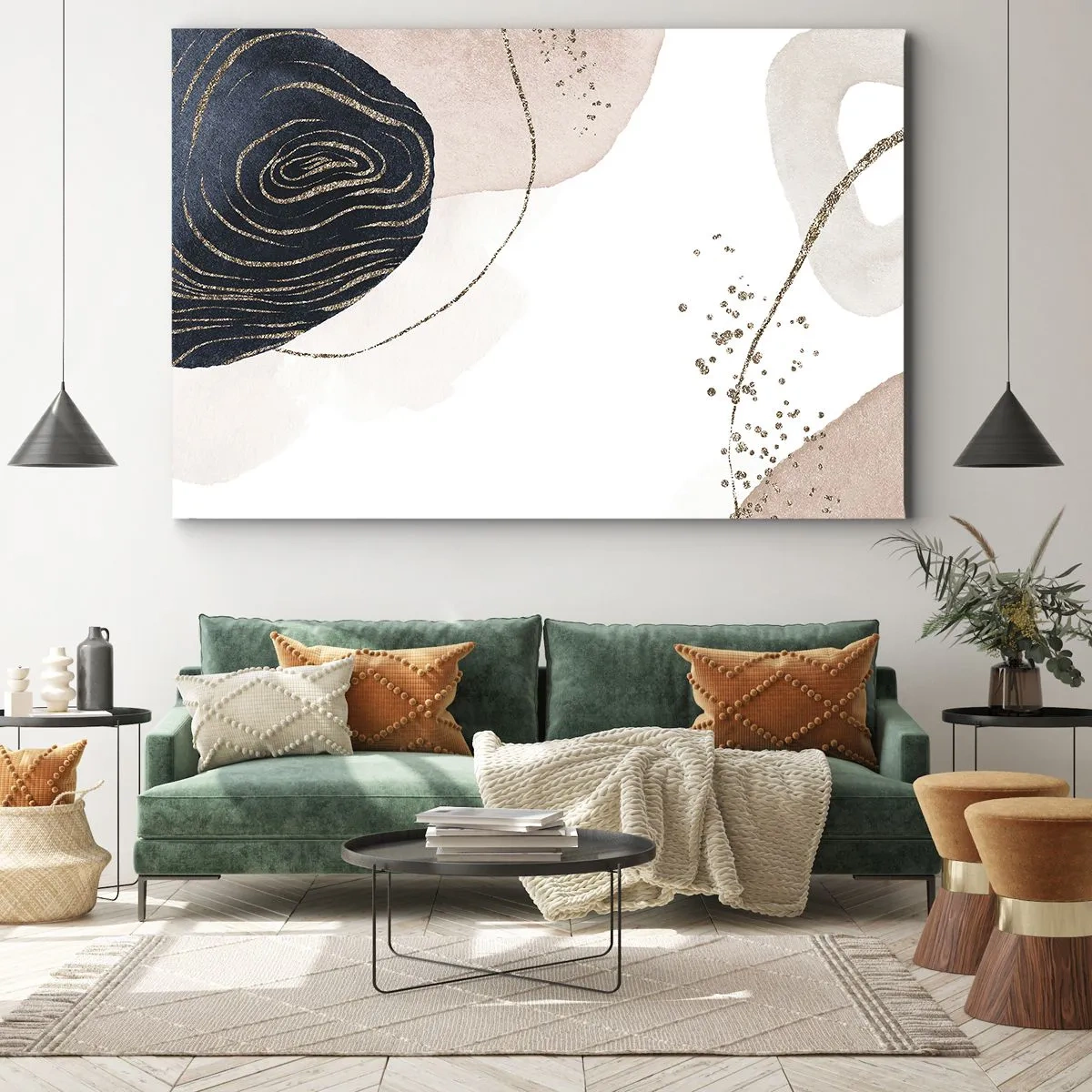 Cuadro sobre lienzo - Impresión de Imagen - Formas abstractas en tonos beige y azul marino con detalles dorados. - 70x50cm - Todo fluye - Decoración de pared moderna para salón y dormitorio ARTTOR