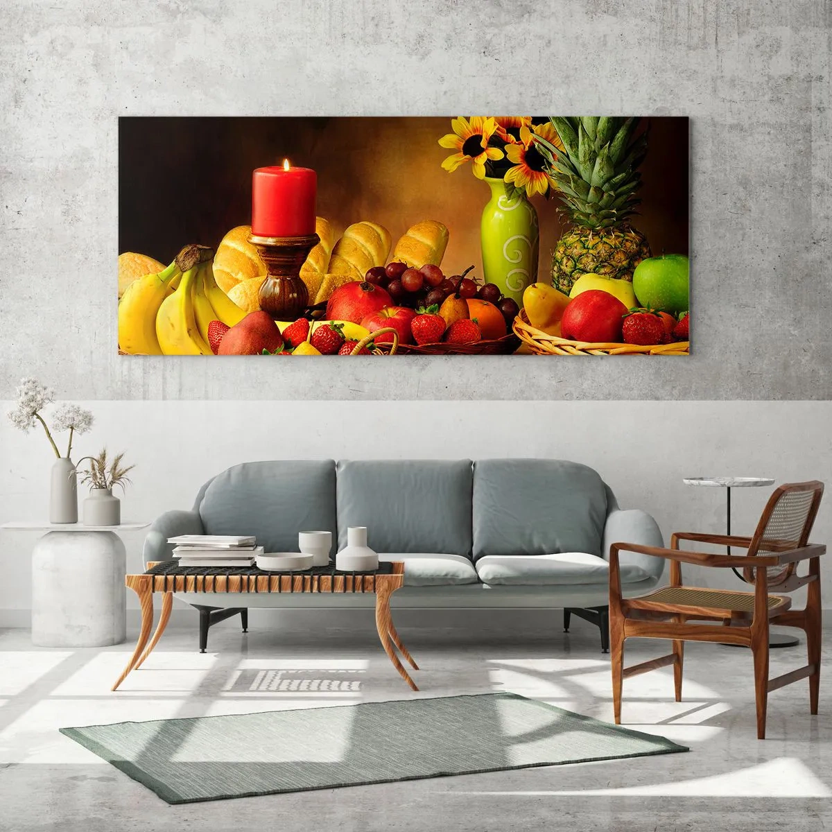 Cuadro sobre vidrio - Impresiones sobre Vidrio - Bodegón con fruta, pan, vela y flores. - 140x50cm - Bodegón con pan y fruta - Decoración de pared moderna para salón y dormitorio ARTTOR