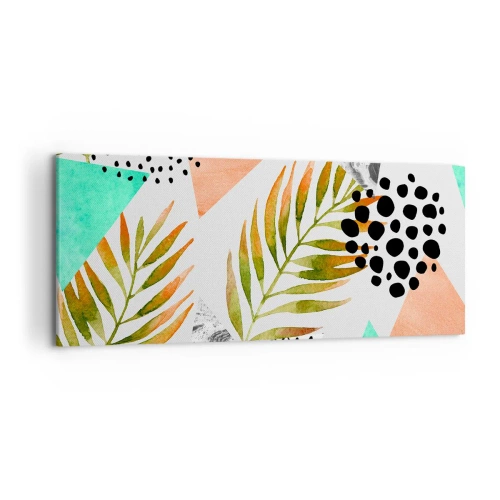 Cuadro sobre lienzo - Impresión de Imagen - Patrón tropical con hojas y formas geométricas. - 120x50cm - Decoración con hojas de palmera - Decoración de pared moderna para salón y dormitorio ARTTOR