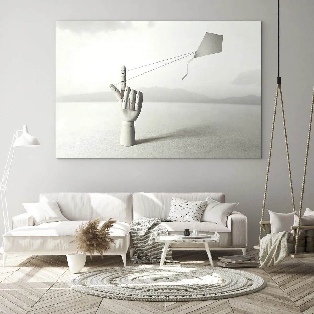 Cuadro sobre vidrio - Impresiones sobre Vidrio - Una mano de madera que sostiene una cometa flotante en su dedo. - 120x80cm - Una prueba de fuerza - Decoración de pared moderna para salón y dormitorio ARTTOR