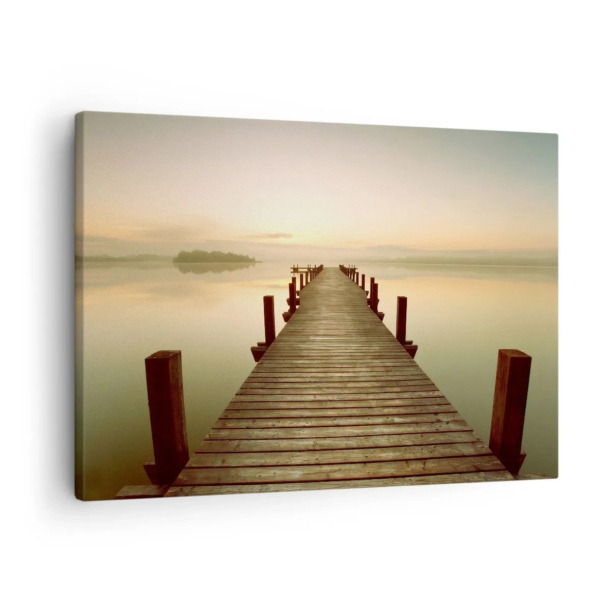 Cuadro sobre lienzo - Impresión de Imagen - Un embarcadero de madera en un lago tranquilo por la mañana. - 70x50cm - Antes del amanecer, al amanecer, la luz - Decoración de pared moderna para salón y dormitorio ARTTOR
