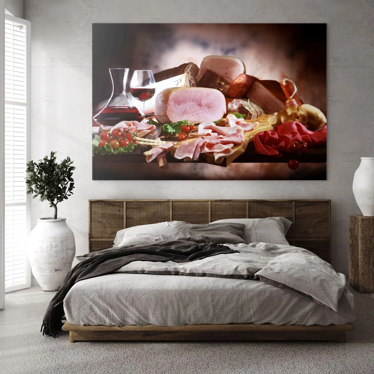 Cuadro sobre vidrio - Impresiones sobre Vidrio - Mesa de cocina con embutidos, vino y verduras frescas. - 70x50cm - Un sueño culinario - Decoración de pared moderna para salón y dormitorio ARTTOR
