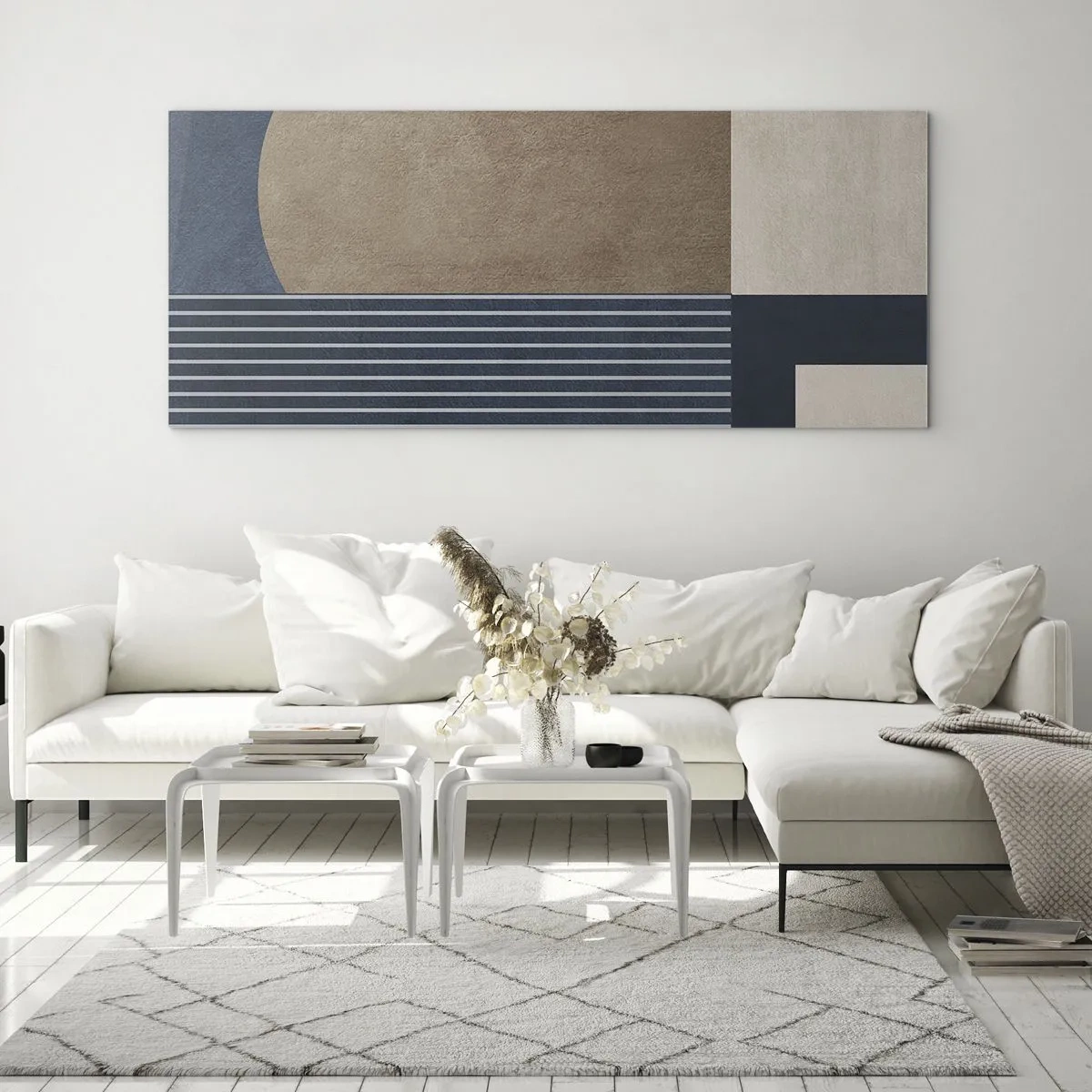 Cuadro sobre vidrio - Impresiones sobre Vidrio - Figuras geométricas en tonos beige y azul marino con líneas. - 120x50cm - Composición de sencillez y redondez - Decoración de pared moderna para salón y dormitorio ARTTOR