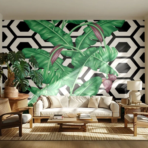 Fotomural Premium Sand - Hojas de plátano exóticas sobre un fondo geométrico. - 100x70cm - Composición simétrica de la naturaleza - Decoración de pared moderna para salón y dormitorio ARTTOR