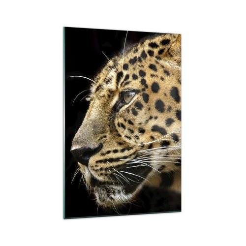 Cuadro sobre vidrio - Impresiones sobre Vidrio - Primer plano de la cabeza de un leopardo sobre un fondo negro - 70x100cm - Tranquilo, concentrado, preparado - Decoración de pared moderna para salón y dormitorio ARTTOR