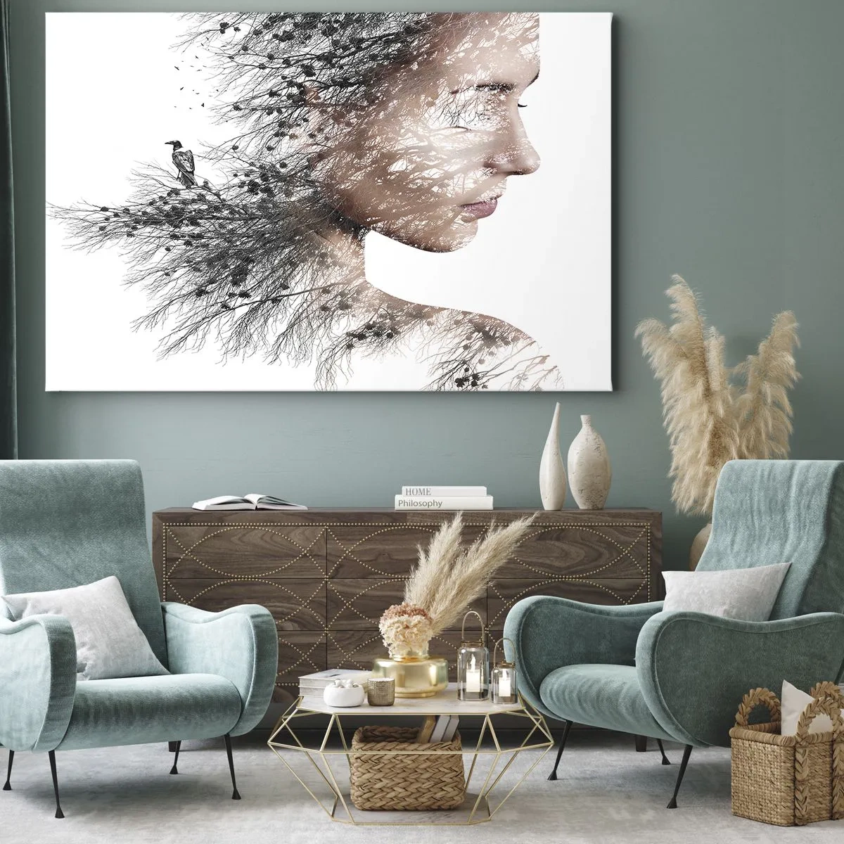 Cuadro sobre lienzo - Impresión de Imagen - Silueta de una mujer con una rama y un motivo de pájaro en el fondo. - 70x50cm - Espíritu del bosque - Decoración de pared moderna para salón y dormitorio ARTTOR