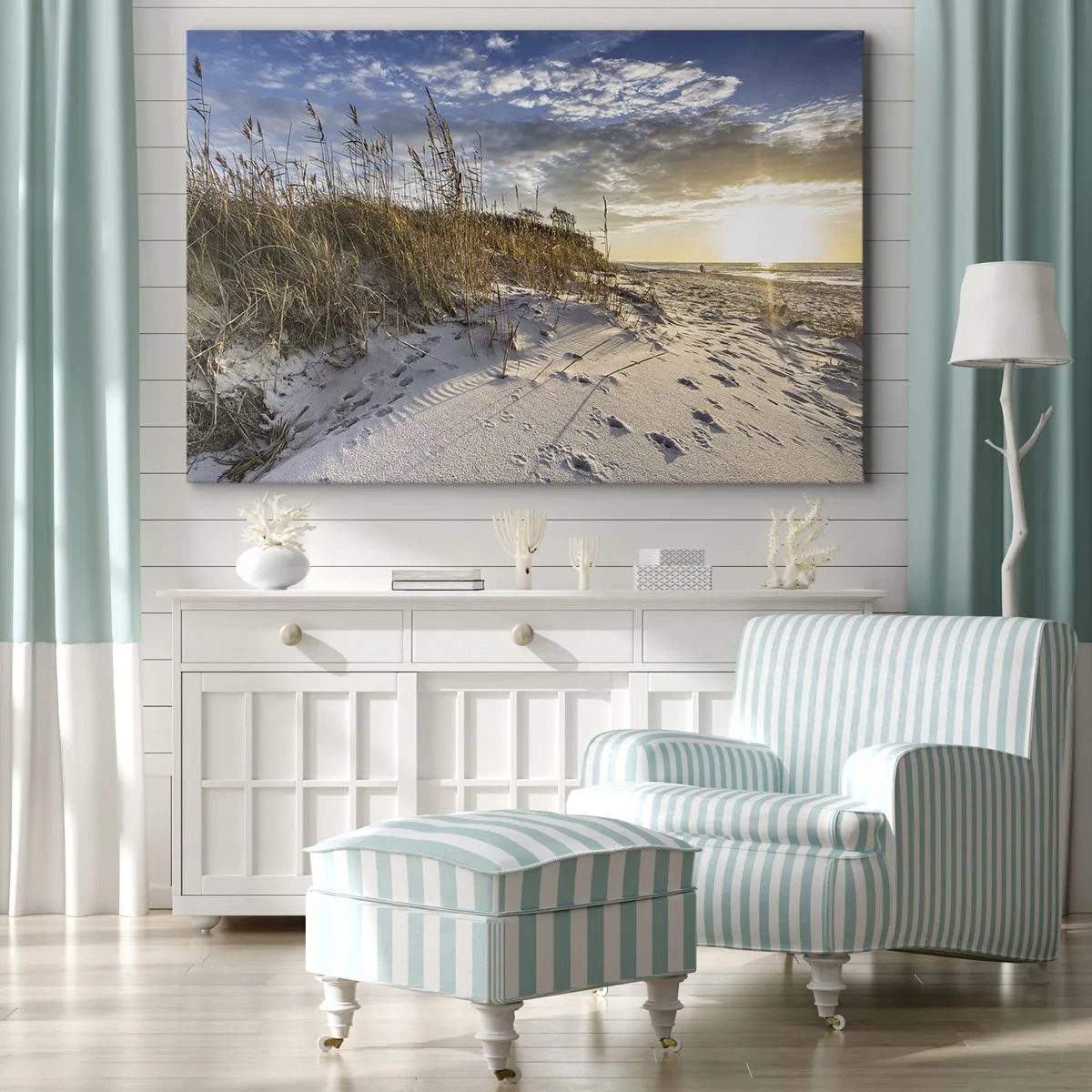 Cuadro sobre lienzo - Impresión de Imagen - Dunas con hierba y huellas en la arena al atardecer - 70x50cm - Invitación a un paseo - Decoración de pared moderna para salón y dormitorio ARTTOR