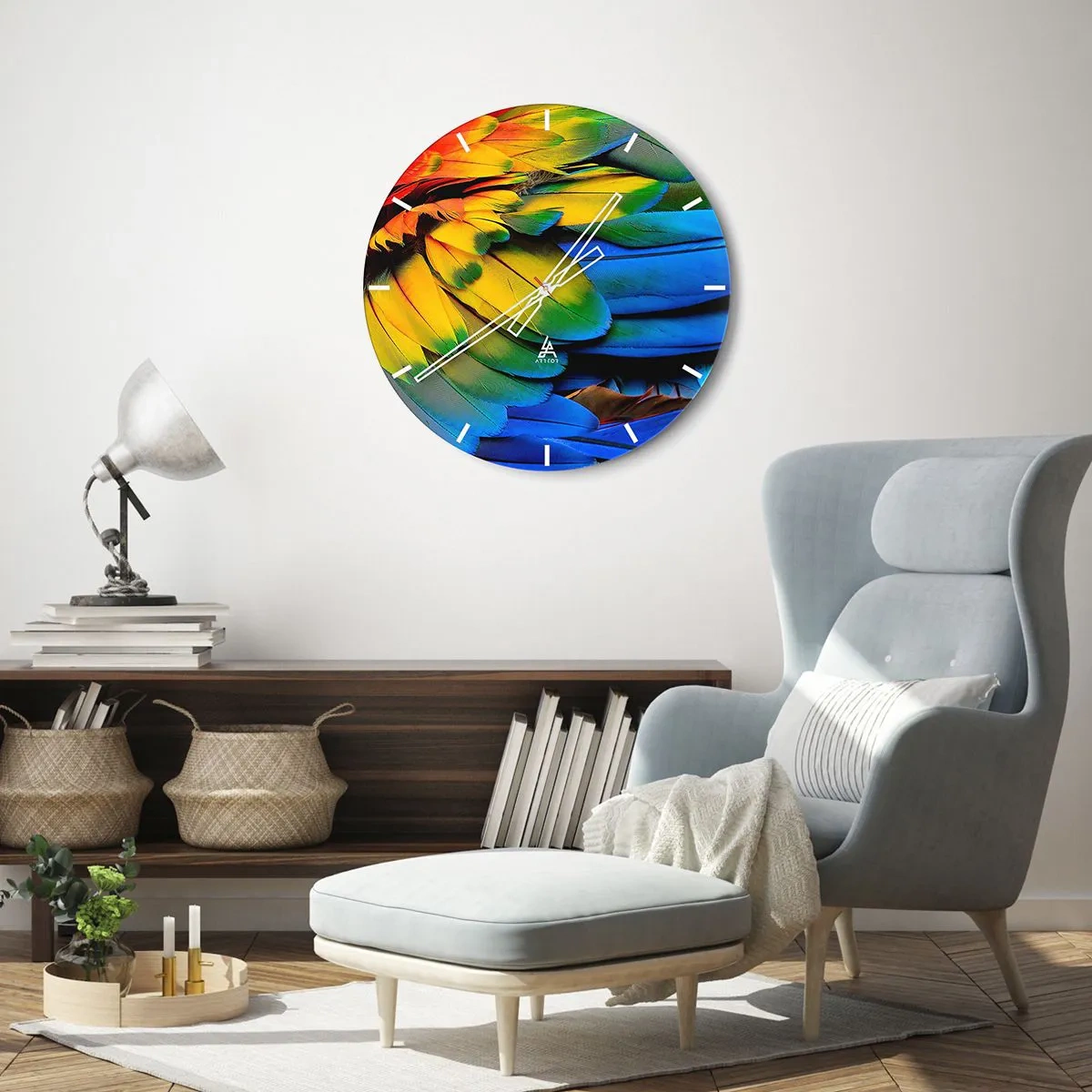 Reloj de pared - Reloj de vidrio - Las vibrantes plumas de un ave tropical. - 30x30cm - Ave del paraíso - Decoración de pared moderna para salón, cocina y dormitorio ARTTOR