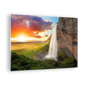 Cuadro sobre vidrio - Impresiones sobre Vidrio - Cascada islandesa bajo los rayos del sol poniente - 70x50cm - La plenitud del verano islandés - Decoración de pared moderna para salón y dormitorio ARTTOR