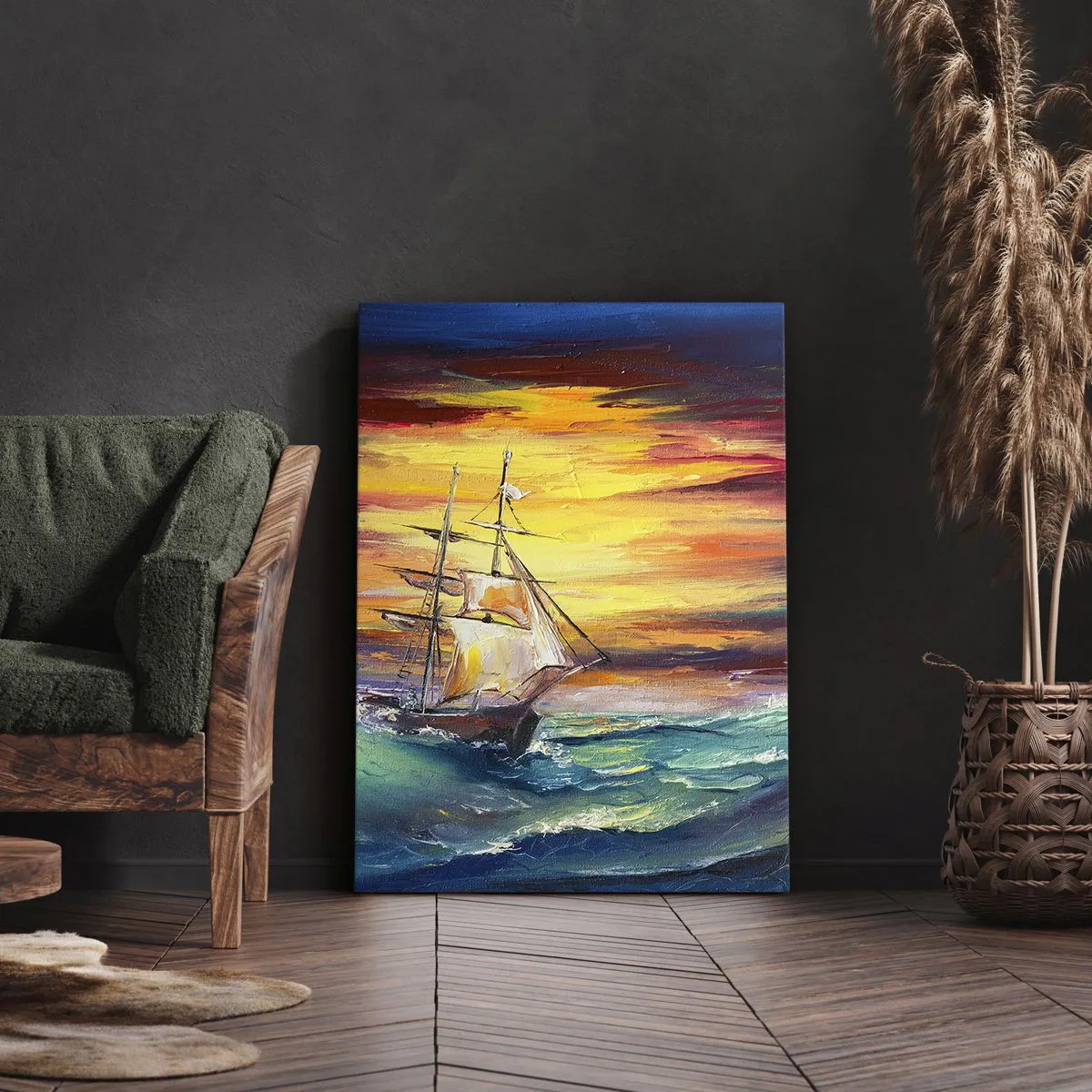 Cuadro sobre lienzo - Impresión de Imagen - Un velero con el telón de fondo de una colorida puesta de sol. - 80x120cm - Valientemente surcando las olas - Decoración de pared moderna para salón y dormitorio ARTTOR