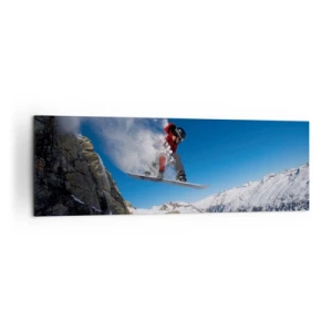 Cuadro sobre lienzo - Impresión de Imagen - Un snowboarder salta desde una roca frente a un paisaje montañoso. - 160x50cm - Y te convertiste en parte del lugar - Decoración de pared moderna para salón y dormitorio ARTTOR