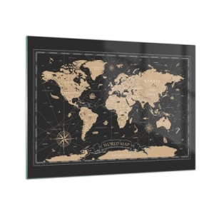 Cuadro sobre vidrio - Impresiones sobre Vidrio - Mapa del mundo estilizado en tonos beige y negro. - 70x50cm - Las fronteras de mi mundo - Decoración de pared moderna para salón y dormitorio ARTTOR