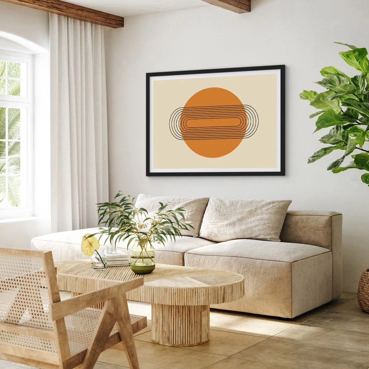 Póster en marco negro - Patrón geométrico con círculos y líneas naranjas. - 100x70cm - El plan perfecto - Decoración de pared moderna para salón y dormitorio ARTTOR