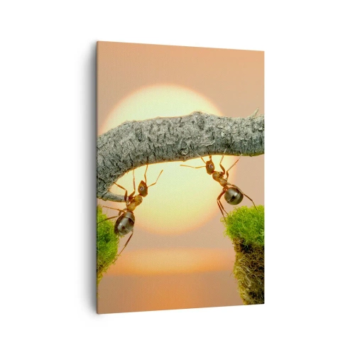 Cuadro sobre lienzo - Impresión de Imagen - Hormigas construyendo un puente de ramas con el sol poniente como telón de fondo. - 70x100cm - Trabajar juntos con alegría - Decoración de pared moderna para salón y dormitorio ARTTOR
