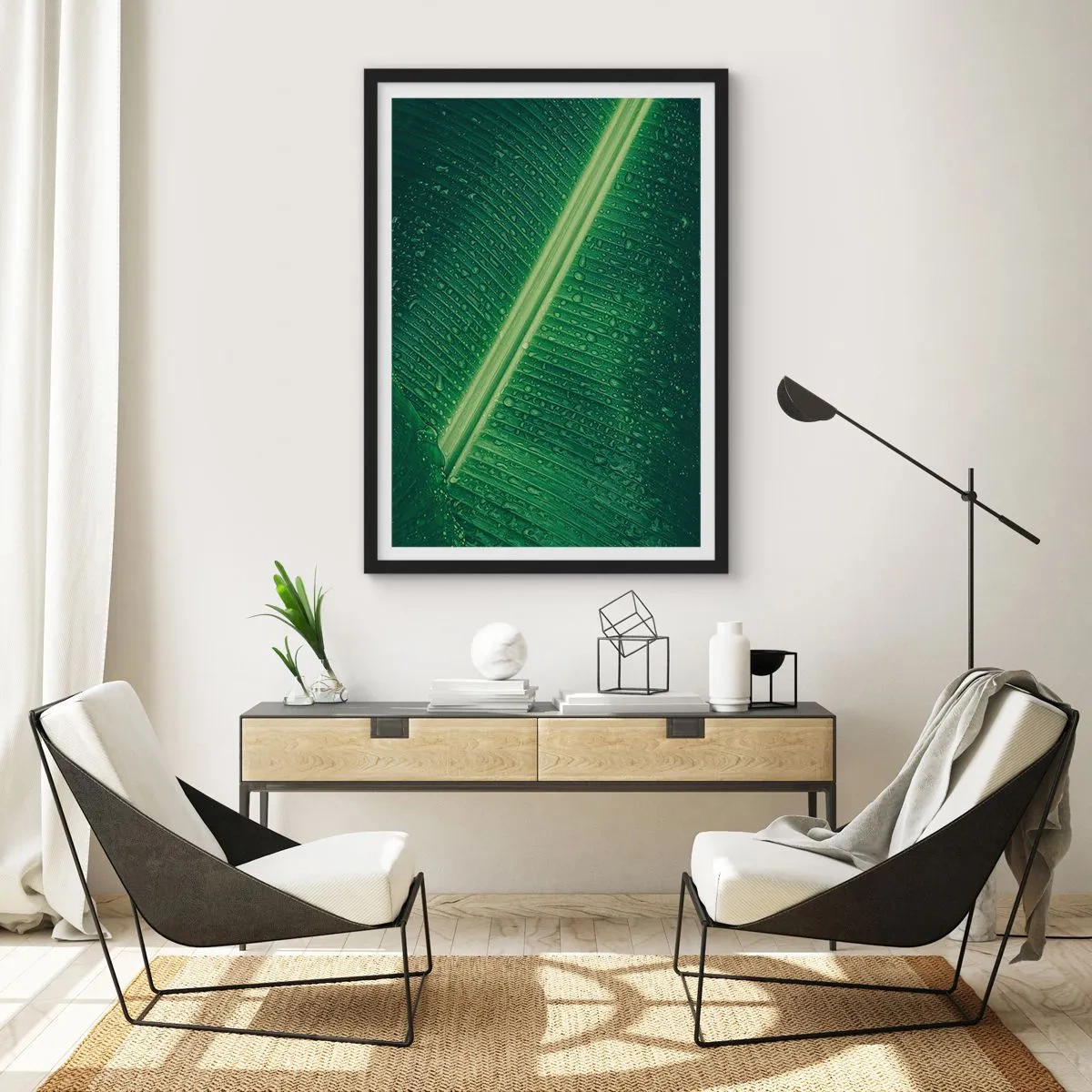 Póster en marco negro - Primer plano de una hoja verde con gotas de agua. - 50x70cm - Estructura del verde - Decoración de pared moderna para salón y dormitorio ARTTOR