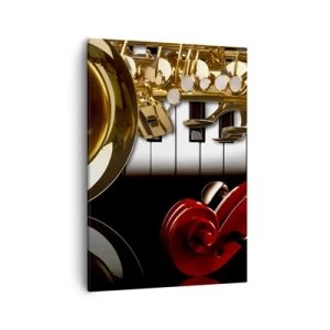 Cuadro sobre lienzo - Impresión de Imagen - Un saxofón dorado, teclas de piano y un violín rojo. - 50x70cm - Chapa, madera y marfil - Decoración de pared moderna para salón y dormitorio ARTTOR