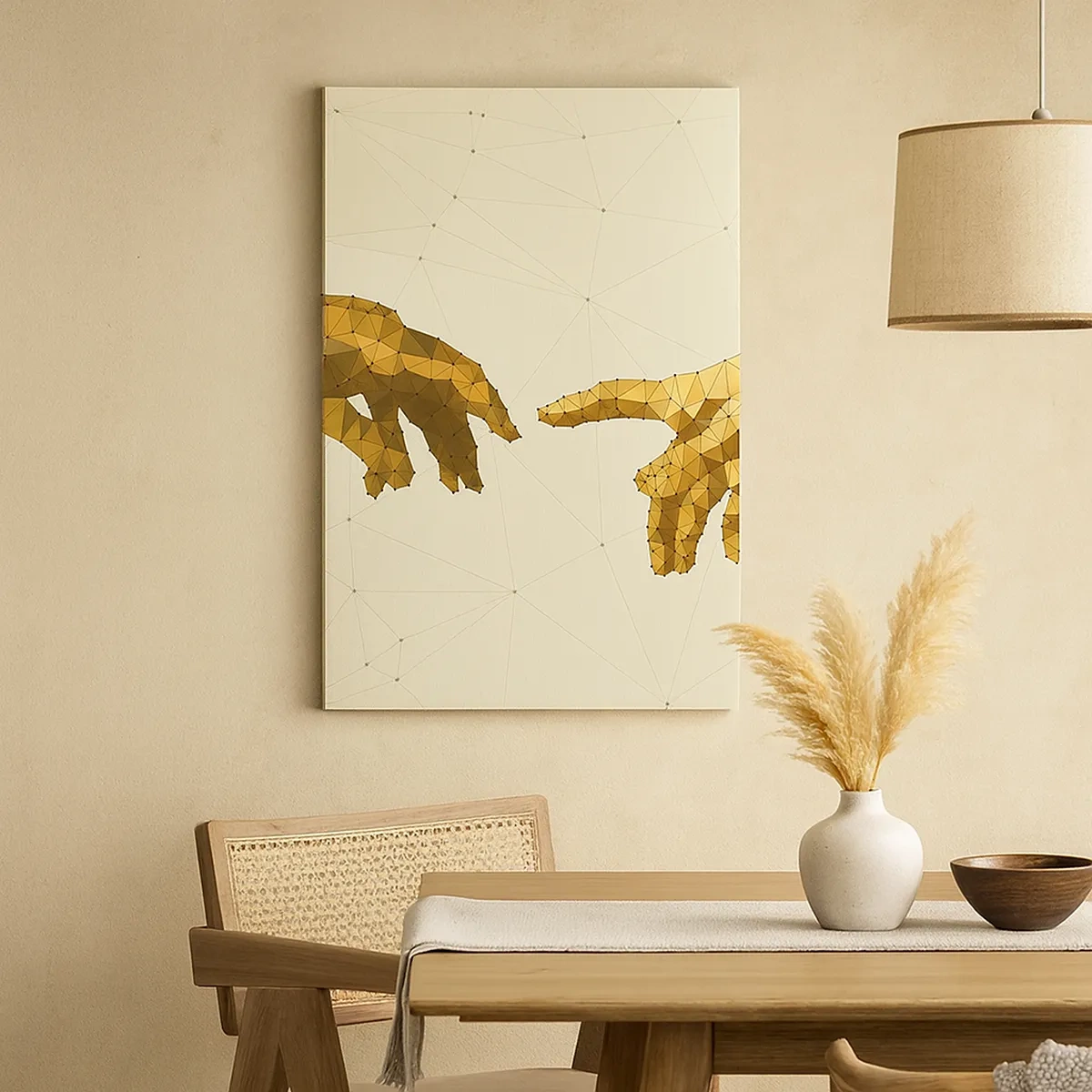 Cuadro sobre lienzo - Impresión de Imagen - Manos geométricas que se extienden una hacia la otra sobre un fondo claro. - 50x70cm - Geometría divina - Decoración de pared moderna para salón y dormitorio ARTTOR