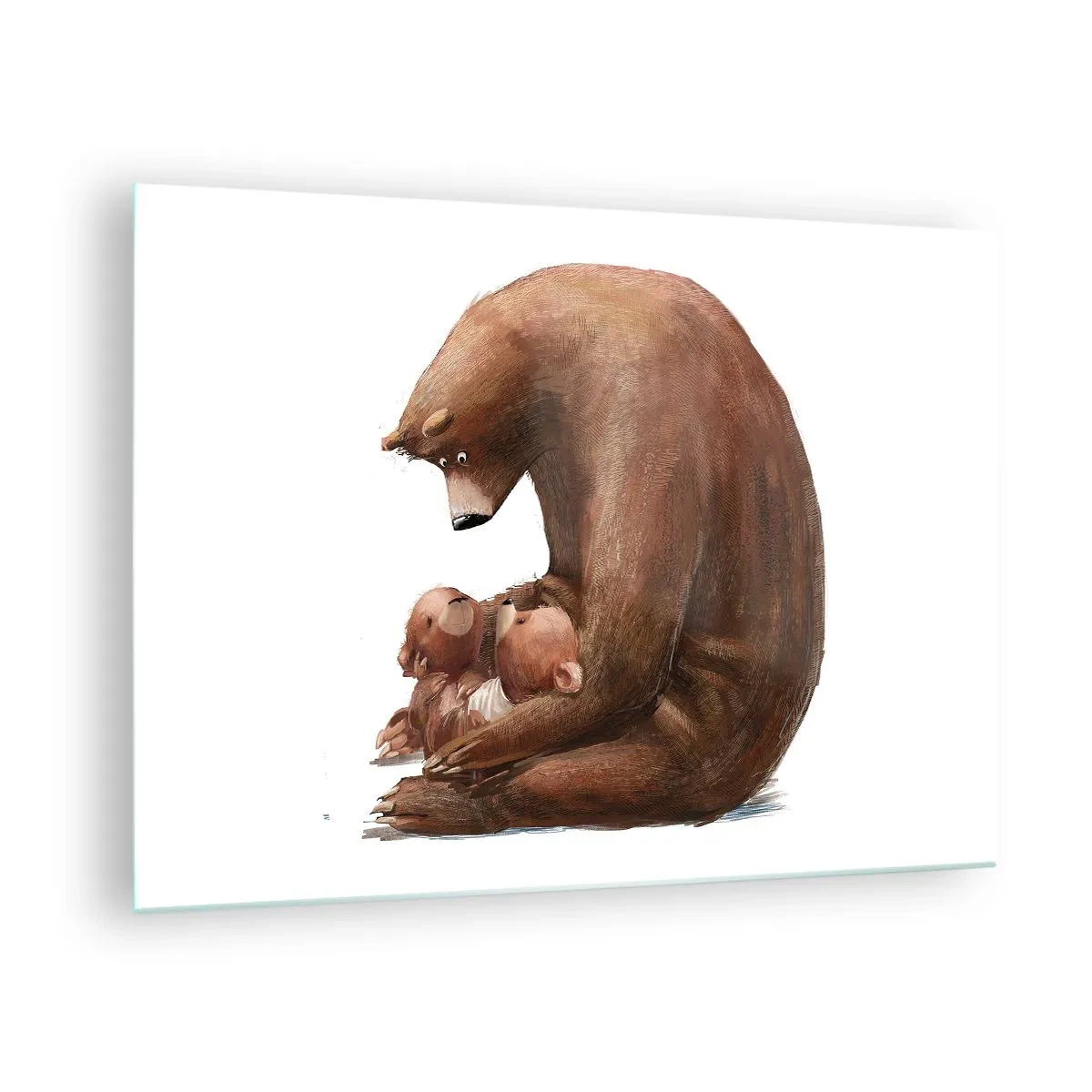 Cuadro sobre vidrio - Impresiones sobre Vidrio - Una madre osa abrazando a dos pequeños cachorros de oso - 70x50cm - Dulces sueños, niños - Decoración de pared moderna para salón y dormitorio ARTTOR