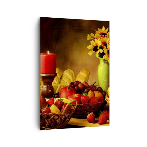 Cuadro sobre lienzo - Impresión de Imagen - Bodegón con fruta, pan, vela y flores. - 70x100cm - Bodegón con pan y fruta - Decoración de pared moderna para salón y dormitorio ARTTOR