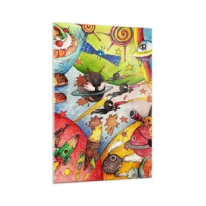 Cuadro sobre vidrio - Impresiones sobre Vidrio - Una escena espacial colorida llena de niños y naves espaciales. - 70x100cm - Una gran aventura cósmica - Decoración de pared moderna para salón y dormitorio ARTTOR