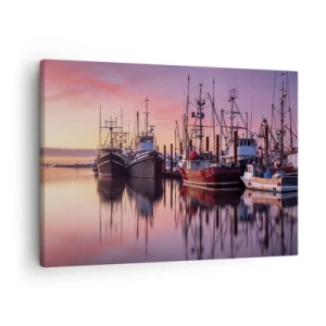 Cuadro sobre lienzo - Impresión de Imagen - Barcos de pesca en el puerto al atardecer - 70x50cm - Descanso antes de partir - Decoración de pared moderna para salón y dormitorio ARTTOR